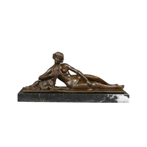 Bronze sculpture of a naked woman with her dog