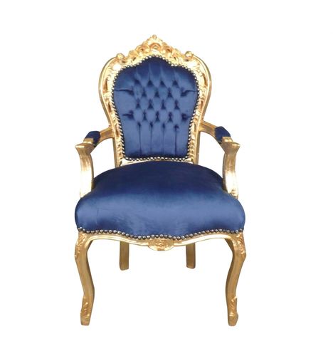 Fauteuil baroque bleu en tissu velours et bois doré