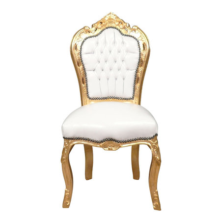 Chaise baroque blanche et or avec une structure en hêtre massif dorée , et tapissée d'un tissu en simili cuir.\\n\\n27/10/2015 14:11