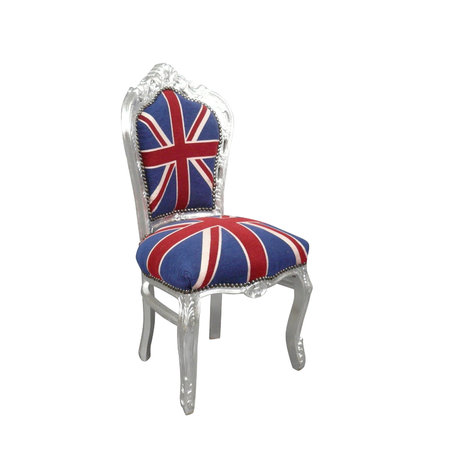 Chaise baroque en bois massif, tapissée avec le tissu du drapeau britannique.\\n\\n16/11/2014 17:31